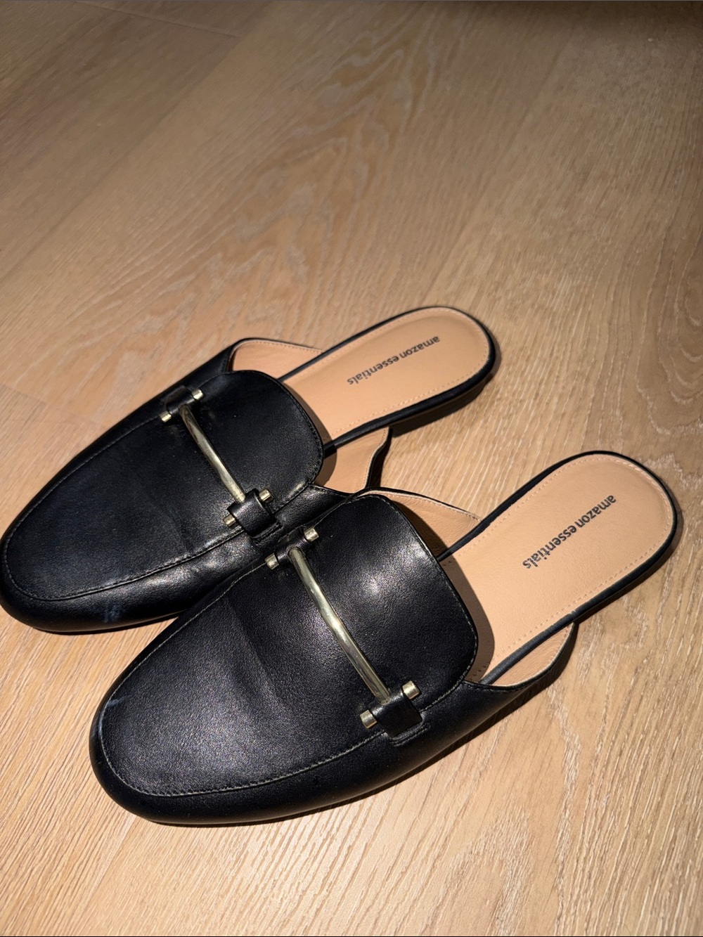 Amazon Essentials Black Slip-On Backless Loafer Mules with Gold Accent